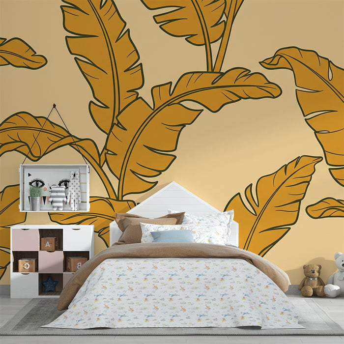 Papel de parede para quarto infantil | Folhas tropicais douradas sobre fundo bege