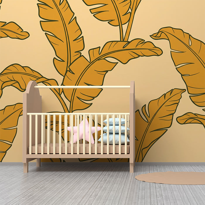Papel de parede para quarto infantil | Folhas tropicais douradas sobre fundo bege