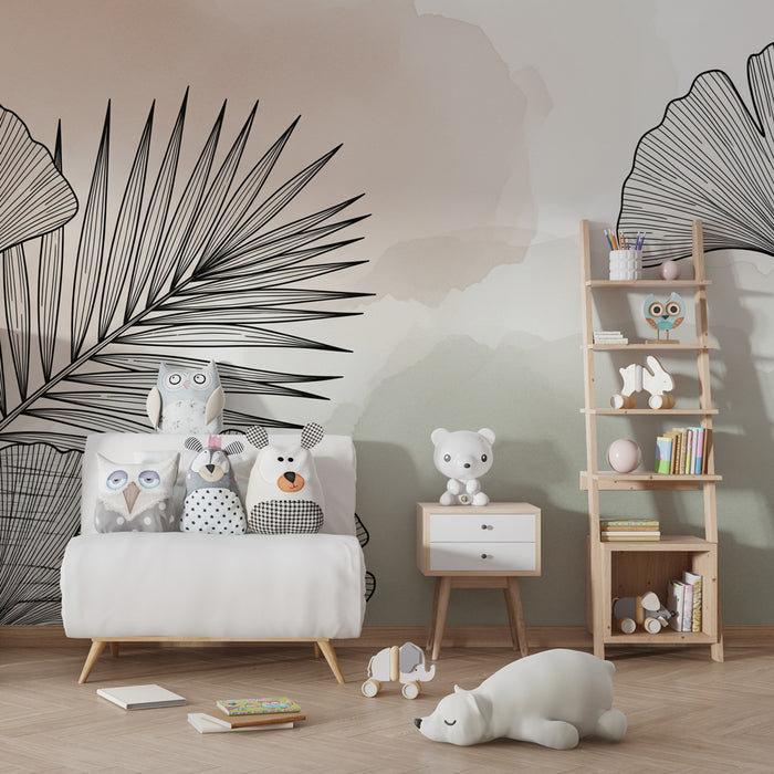 Papier peint chambre enfant | Feuilles tropicales élégantes en ligne claire