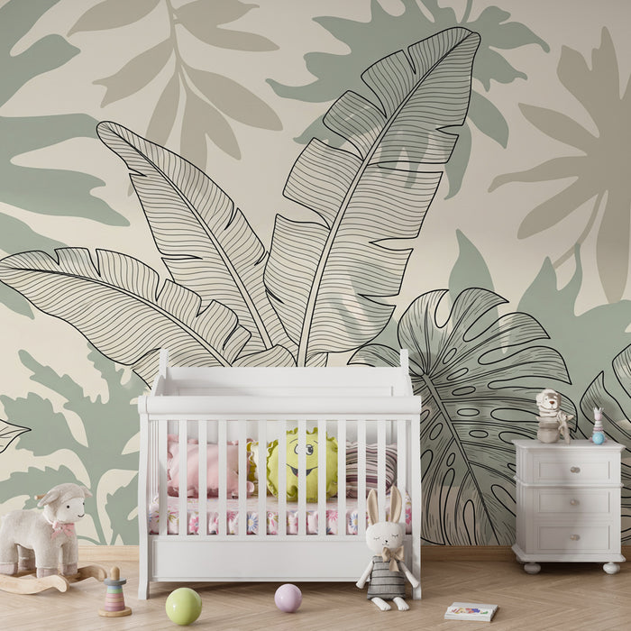 Papier peint chambre enfant | Feuilles tropicales élégantes en noir et vert