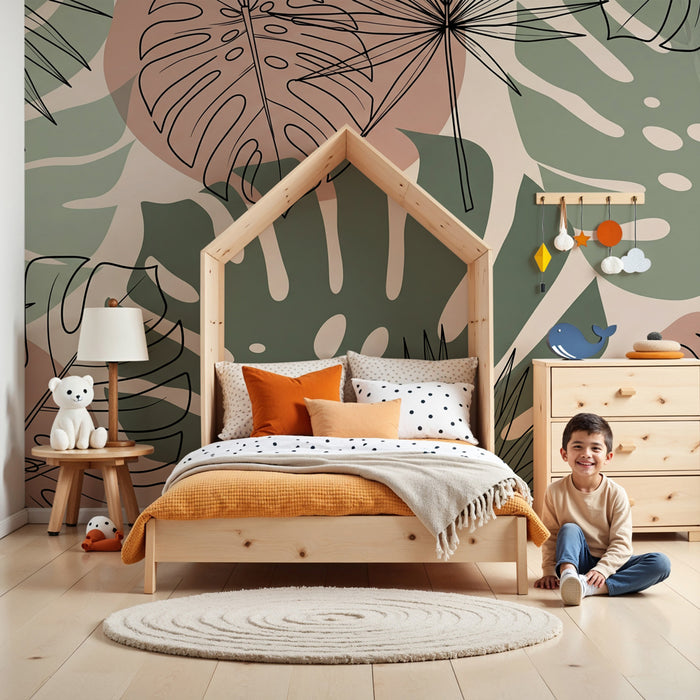 Papel pintado infantil | Hojas tropicales en acuarela