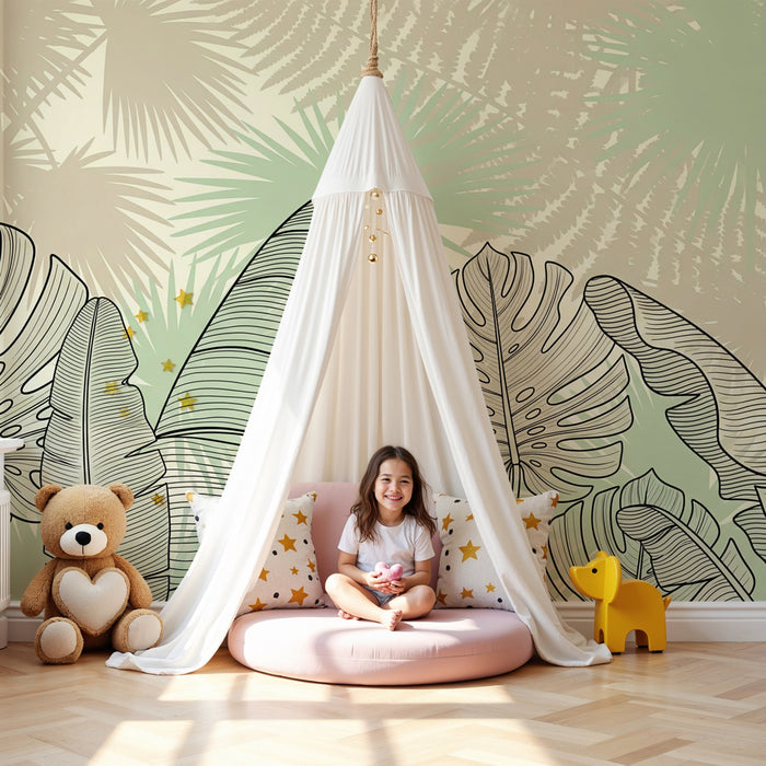 Papel pintado infantil | Hojas tropicales en contornos