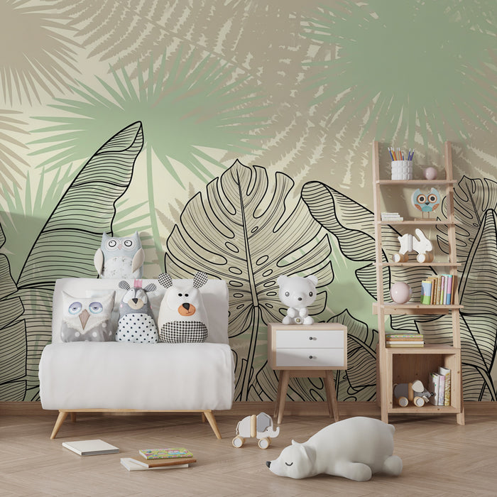 Papel pintado infantil | Hojas tropicales en contornos