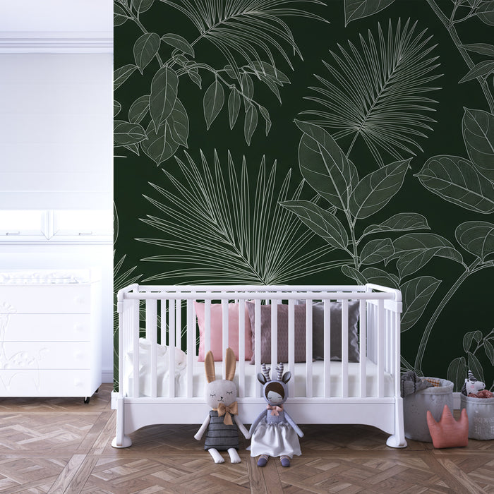 Kinderkamer behang | Elegante tropische bladeren in contouren