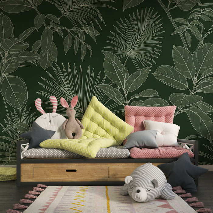 Kinderkamer behang | Elegante tropische bladeren in contouren