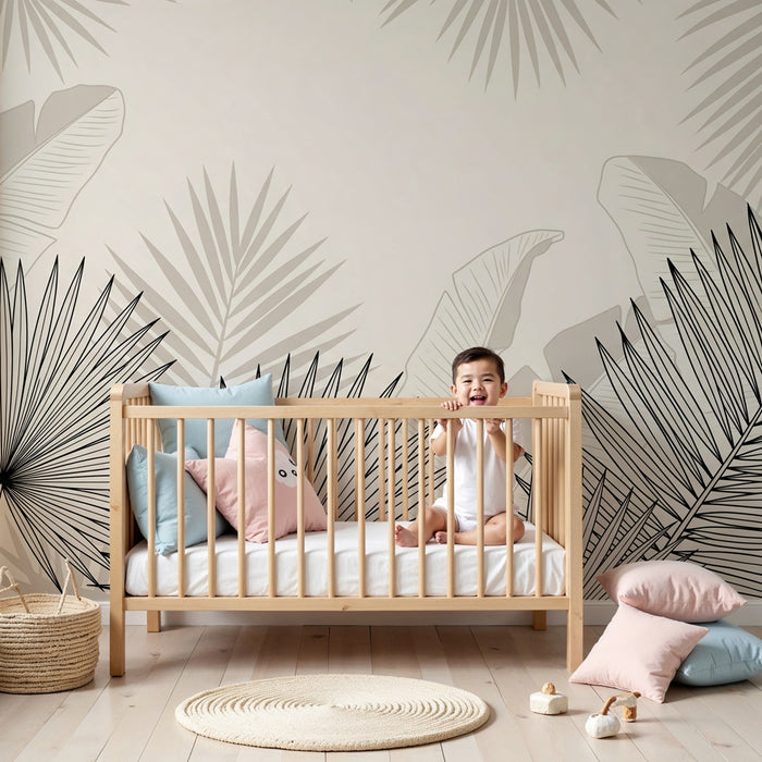Kinderzimmer Tapete | Elegante Umrisse von tropischen Blättern auf sanftem Hintergrund
