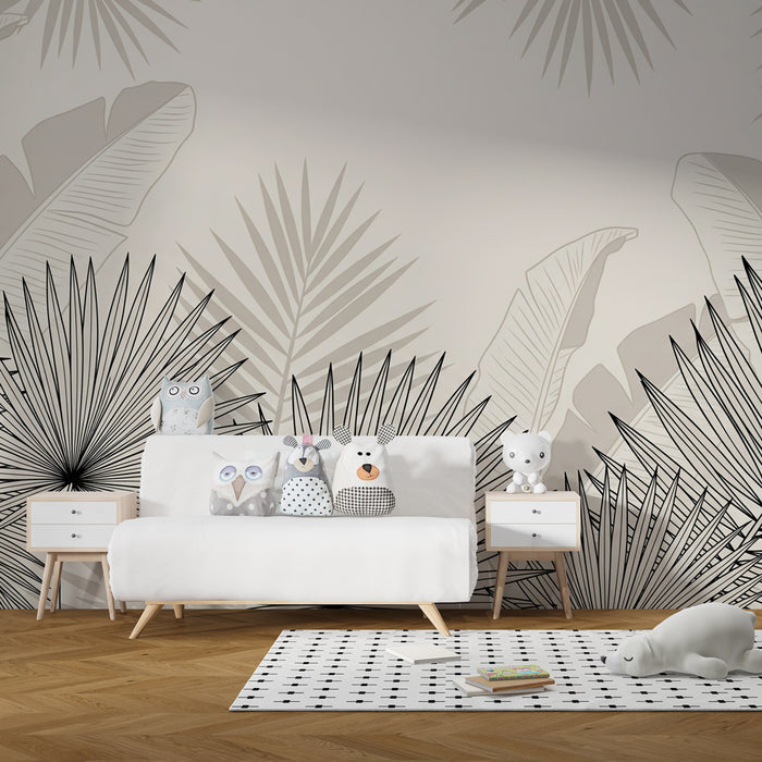 Kinderzimmer Tapete | Elegante Umrisse von tropischen Blättern auf sanftem Hintergrund
