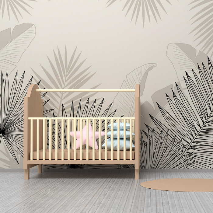 Kinderzimmer Tapete | Elegante Umrisse von tropischen Blättern auf sanftem Hintergrund