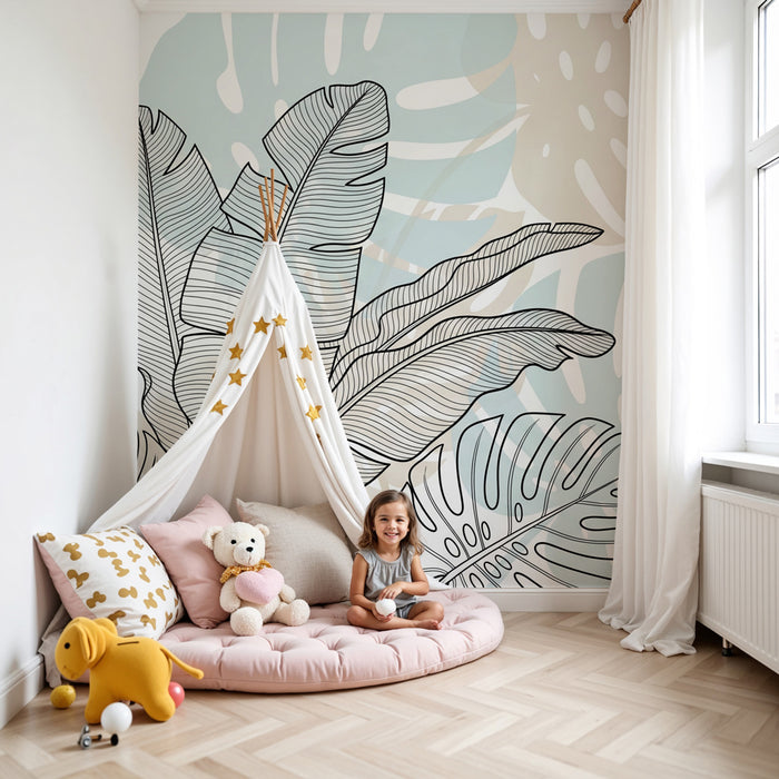 Kinderzimmer Tapete | Subtile tropische Blätterkonturen
