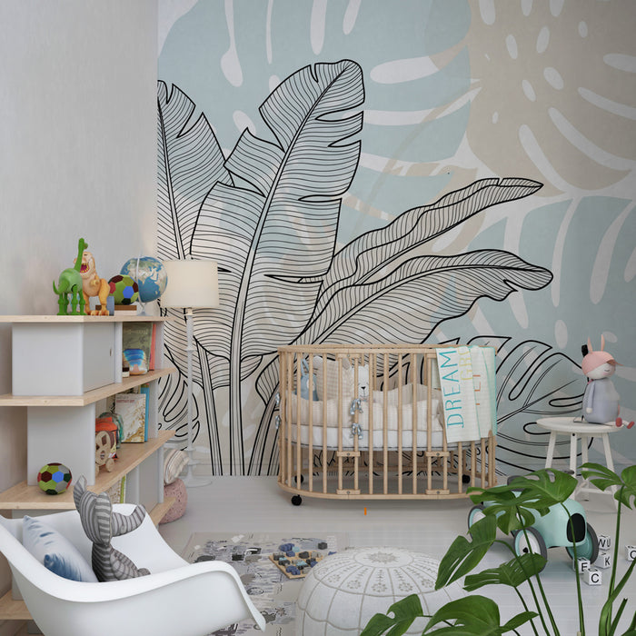 Kinderzimmer Tapete | Subtile tropische Blätterkonturen