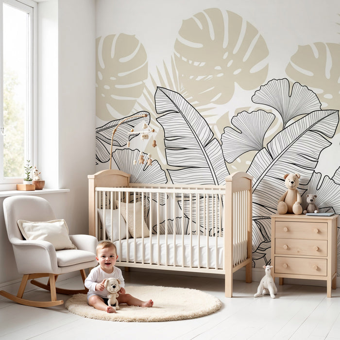 Kinderzimmer Tapete | Tropische Blätter in Schwarz und Weiß