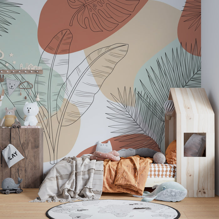 Kinderzimmer Tapete | Tropische Blätter in drei Farben