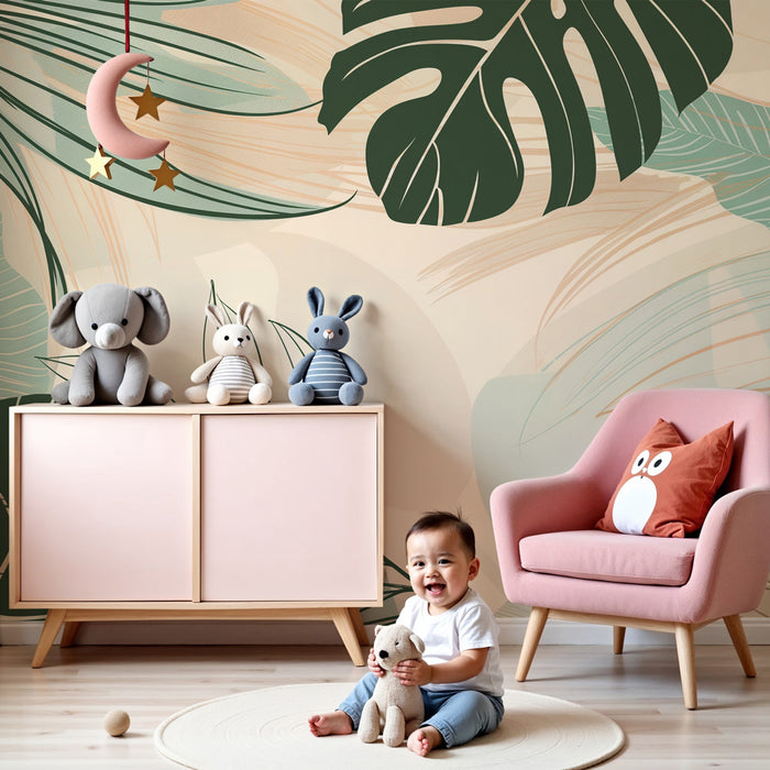 Kinderzimmer Tapete | Tropische Blätter in Grün Blau Beige
