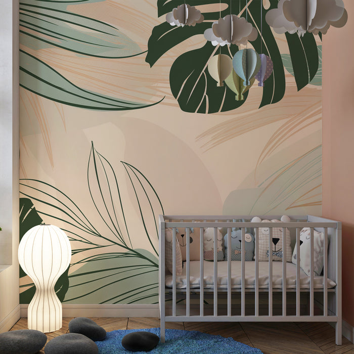Kinderzimmer Tapete | Tropische Blätter in Grün Blau Beige