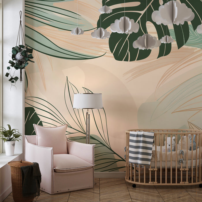 Kinderzimmer Tapete | Tropische Blätter in Grün Blau Beige
