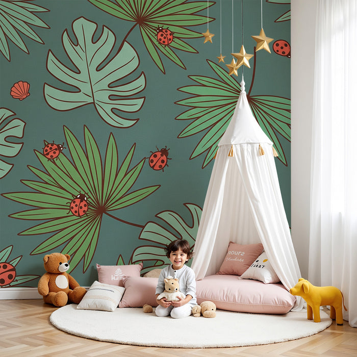 Carta da parati per camerette | Foglie tropicali e coccinelle colorate su sfondo blu