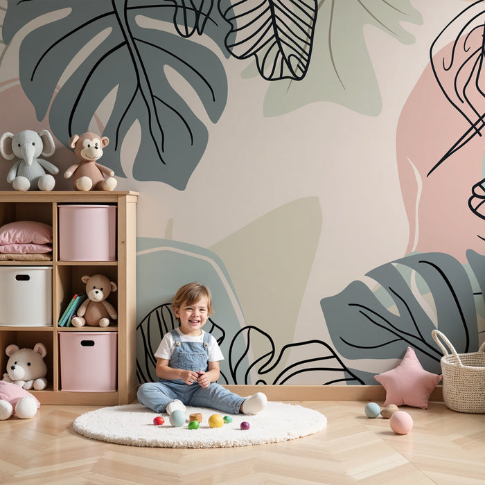 Papel pintado infantil | Hojas tropicales y colores suaves