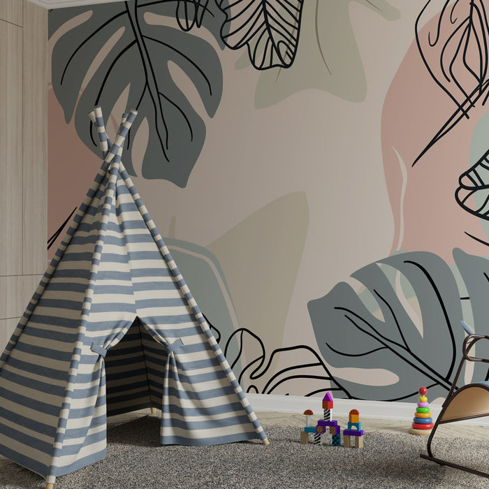 Papel pintado infantil | Hojas tropicales y colores suaves