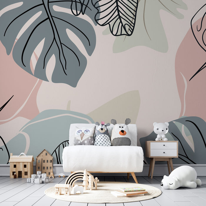 Papel pintado infantil | Hojas tropicales y colores suaves