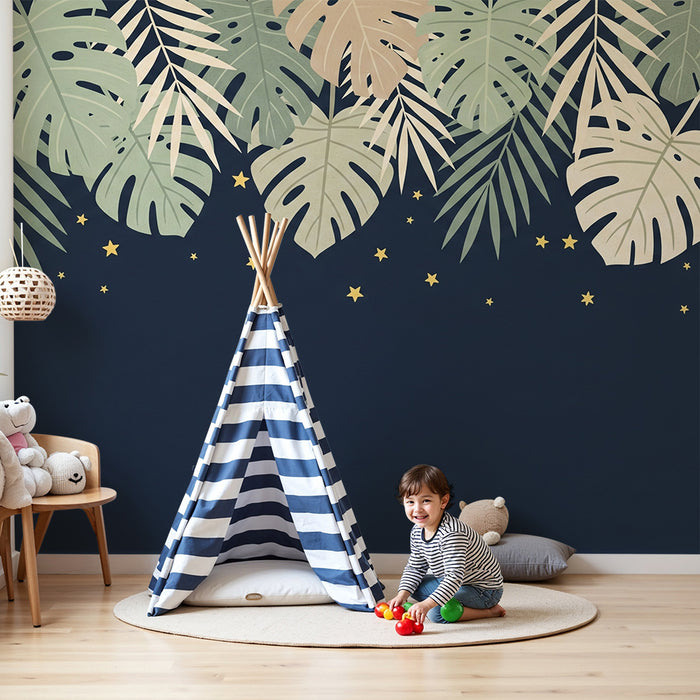 Papel de parede criança | Folhas tropicais e estrelas douradas