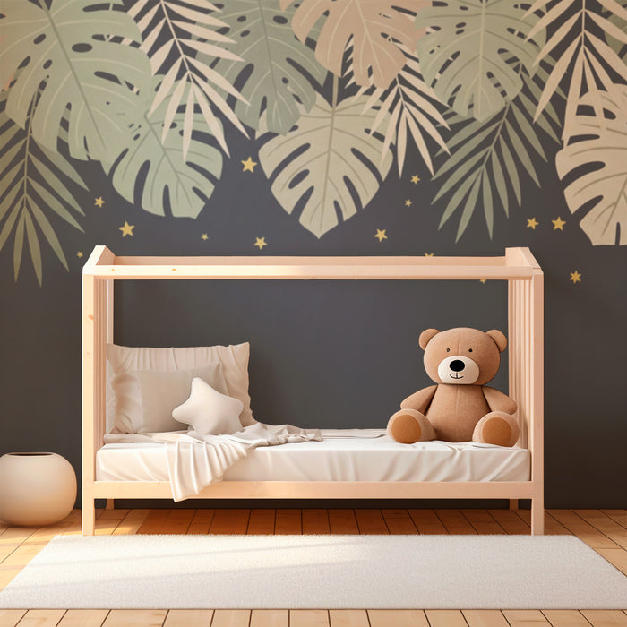 Papel de parede criança | Folhas tropicais e estrelas douradas