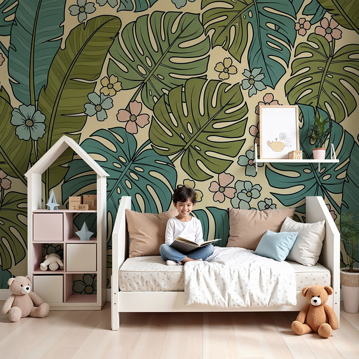 Papel pintado infantil | Hojas tropicales y flores delicadas sobre fondo pastel