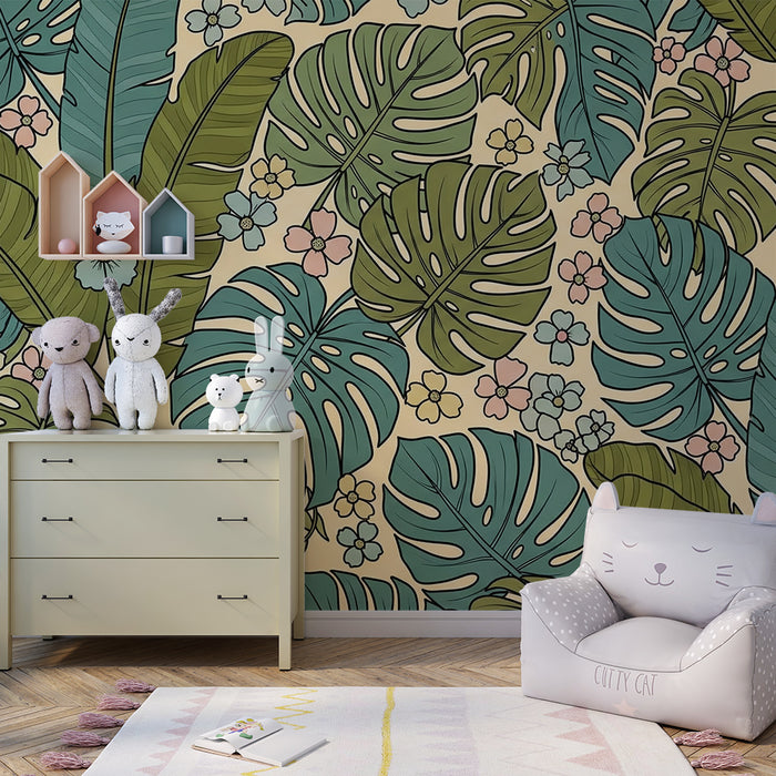 Papel pintado infantil | Hojas tropicales y flores delicadas sobre fondo pastel