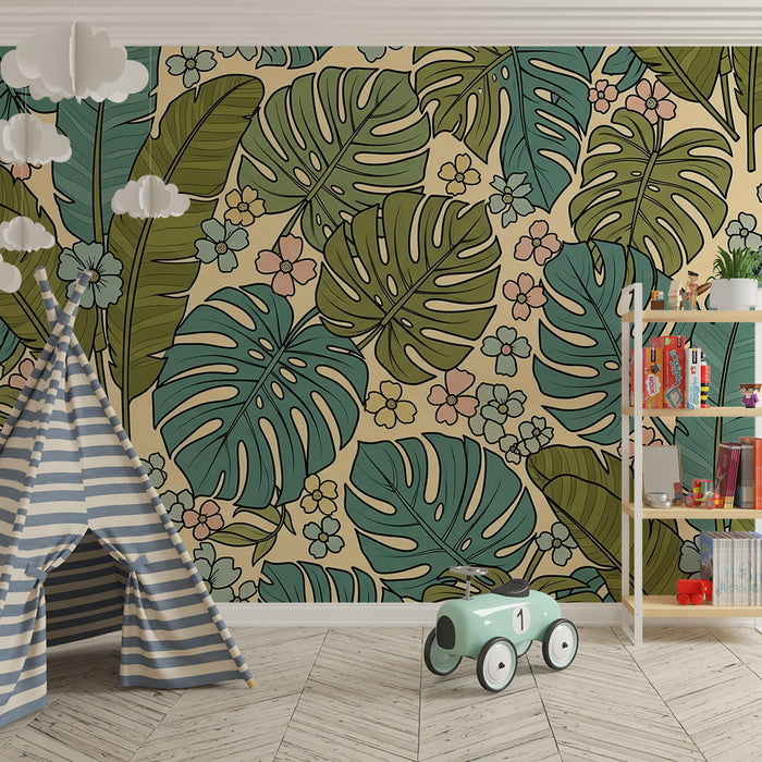 Papel pintado infantil | Hojas tropicales y flores delicadas sobre fondo pastel