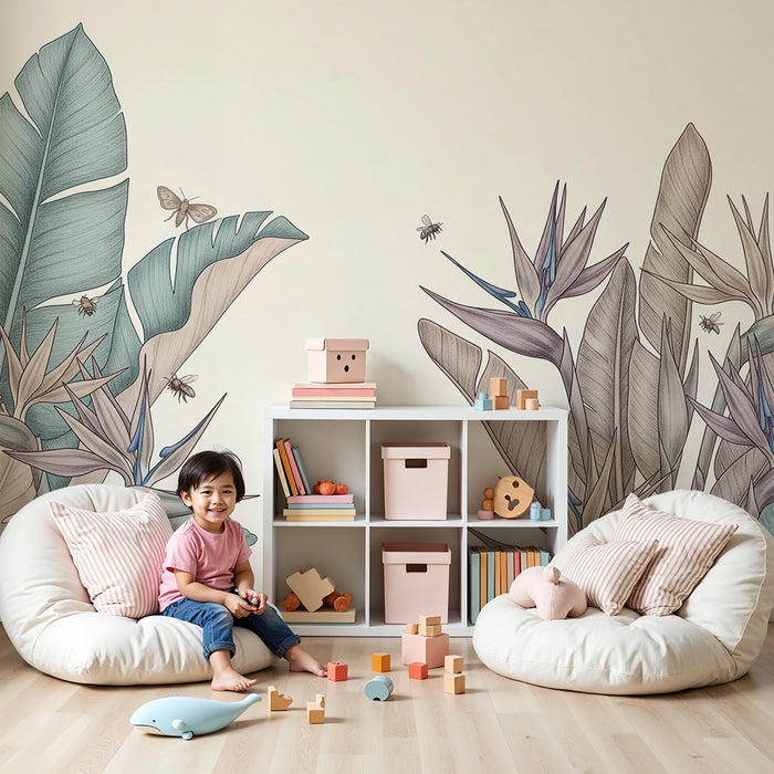 Papel de parede criança | Folhas tropicais e flores exóticas com insetos delicados