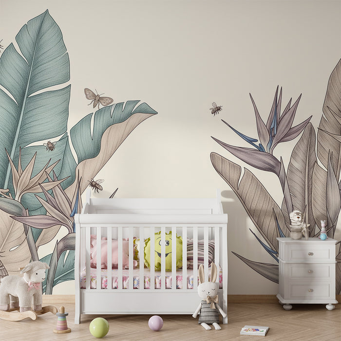 Papel de parede criança | Folhas tropicais e flores exóticas com insetos delicados