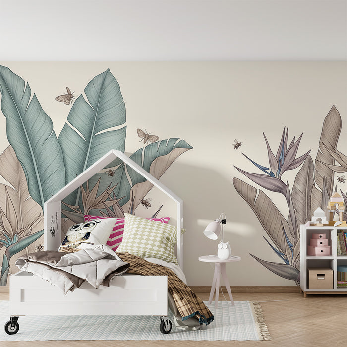 Papel de parede criança | Folhas tropicais e flores exóticas com insetos delicados