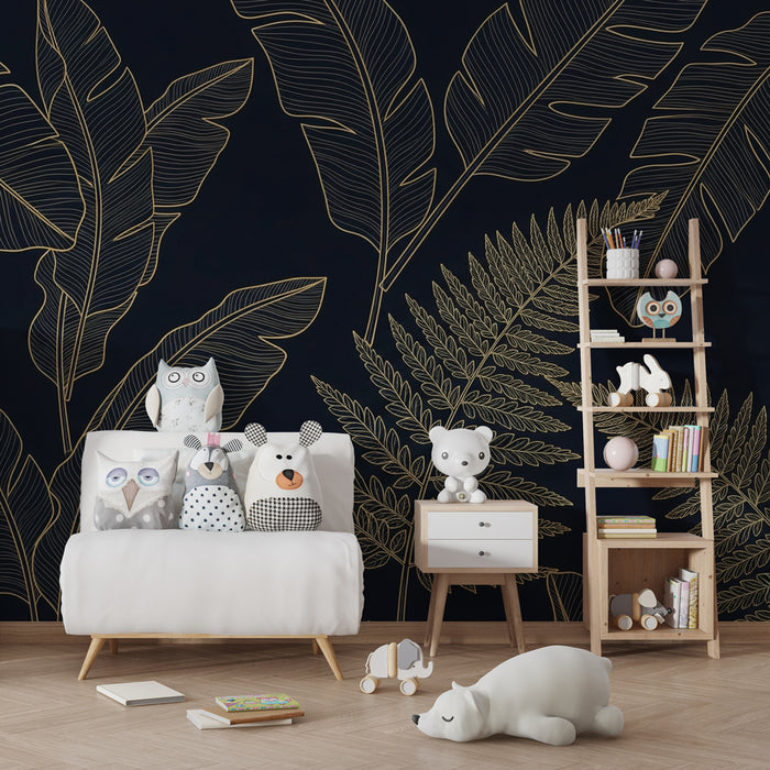 Kids room wallpaper | Tropical leaves and dark background