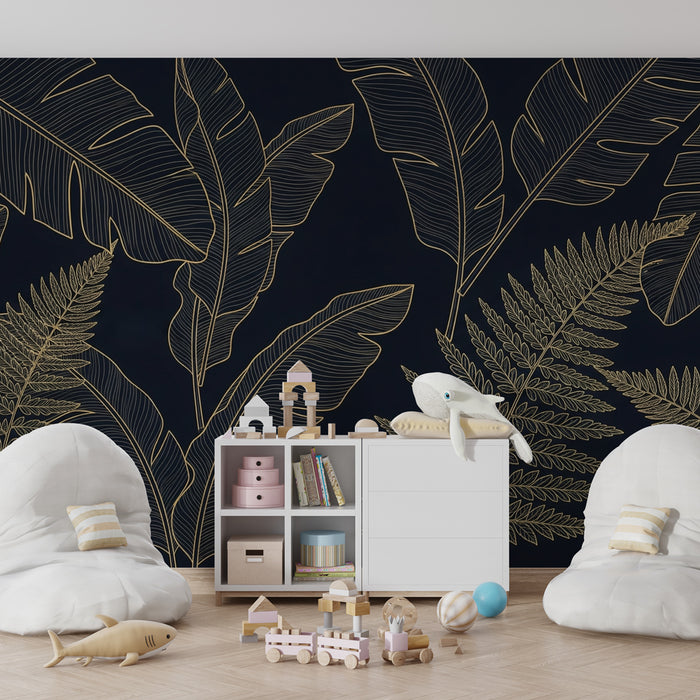 Kids room wallpaper | Tropical leaves and dark background
