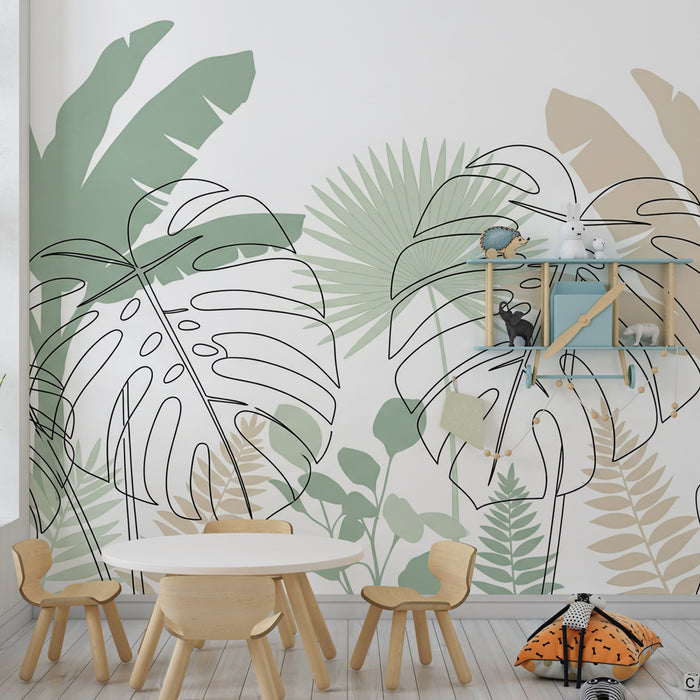 Papel pintado infantil | Hojas tropicales y líneas limpias