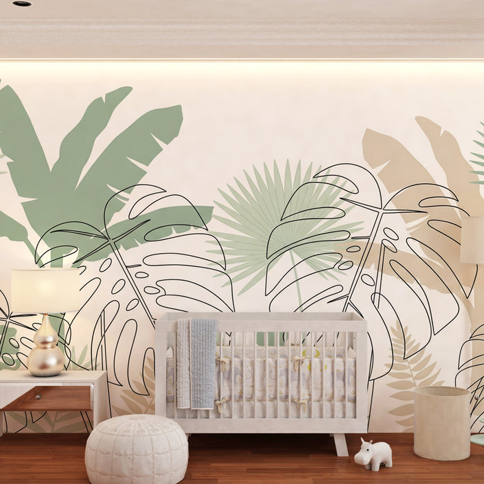 Papel pintado infantil | Hojas tropicales y líneas limpias