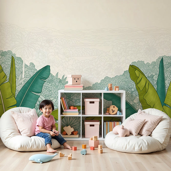 Papel de parede criança | Folhas tropicais e paisagem luxuriante