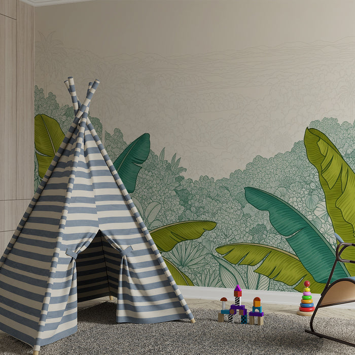 Papel de parede criança | Folhas tropicais e paisagem luxuriante