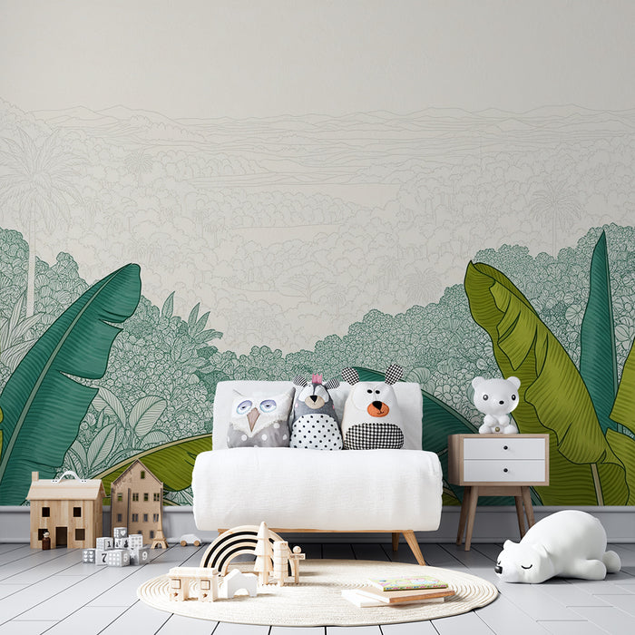 Papel de parede criança | Folhas tropicais e paisagem luxuriante