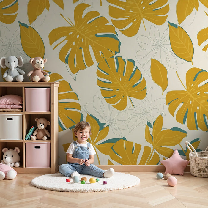 Papier peint chambre enfant | Feuilles tropicales jaunes et vertes sur fond clair