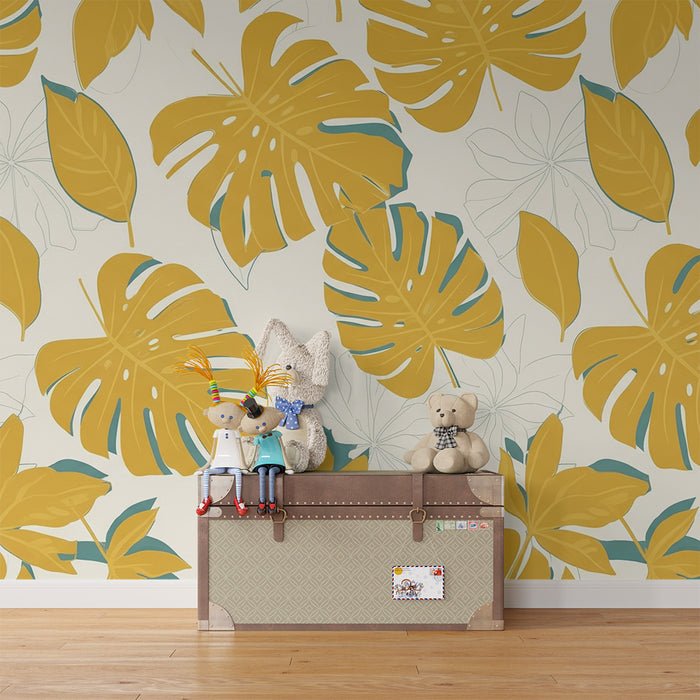 Papier peint chambre enfant | Feuilles tropicales jaunes et vertes sur fond clair