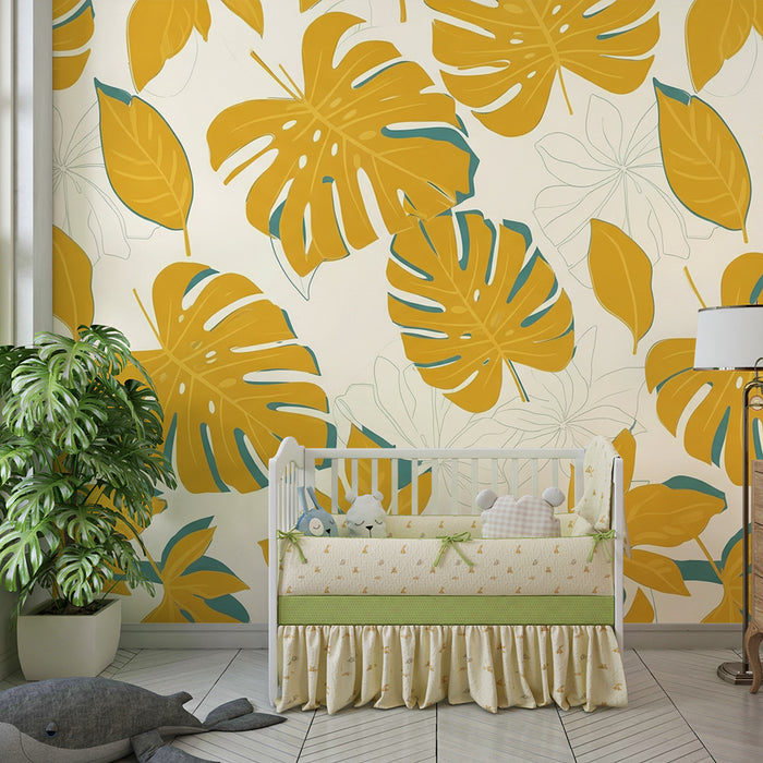 Papier peint chambre enfant | Feuilles tropicales jaunes et vertes sur fond clair