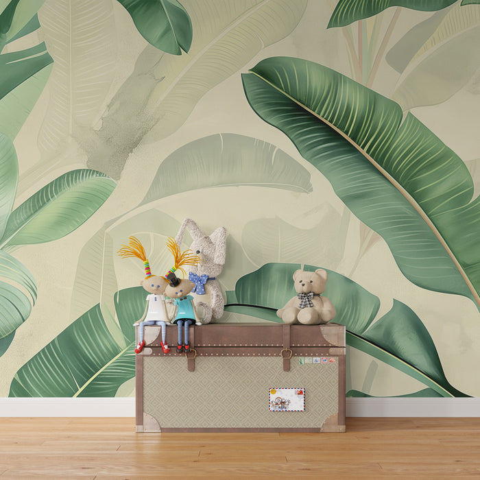 Papel pintado infantil | Hojas tropicales exuberantes en tonos verdes