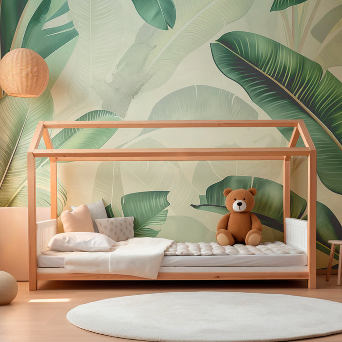 Papel pintado infantil | Hojas tropicales exuberantes en tonos verdes