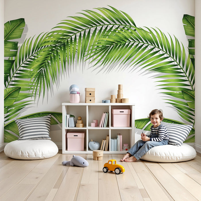 Papel pintado infantil | Hojas tropicales exuberantes sobre fondo blanco