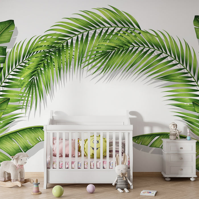 Papel pintado infantil | Hojas tropicales exuberantes sobre fondo blanco