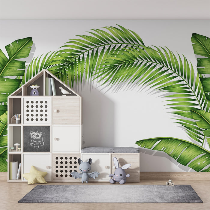 Papel pintado infantil | Hojas tropicales exuberantes sobre fondo blanco