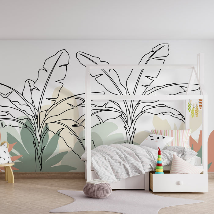 Kids room wallpaper | Minimalist tropical leaves sage green and terracotta