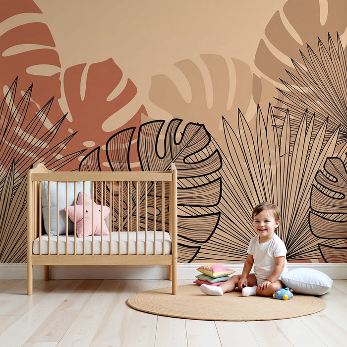 Kinderzimmer Tapete | Moderne tropische Blätter in Terrakotta-Tönen