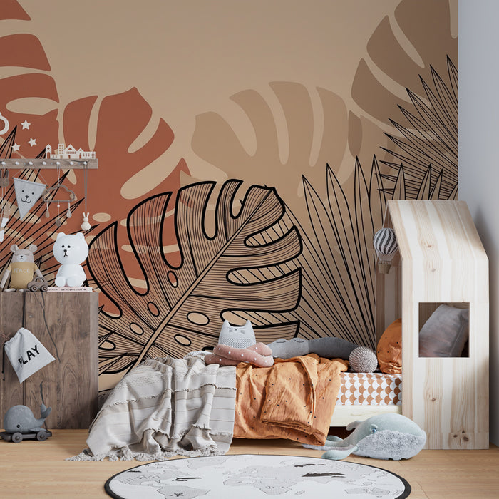 Kinderzimmer Tapete | Moderne tropische Blätter in Terrakotta-Tönen