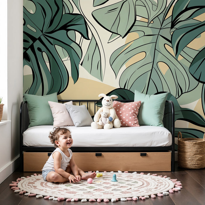 Papel pintado infantil | Hojas tropicales de monstera y ambiente relajante